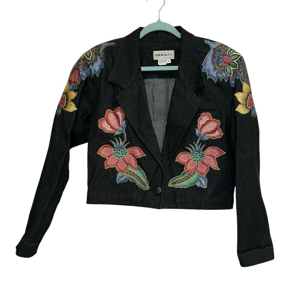 Vintage Shokrian Black Denim Floral Embroidered Cropped Blazer Jacket USA Size 8